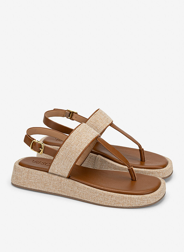 Tweed T-straps Sandals Slippers - SDL 0349 - Brown - VASCARA