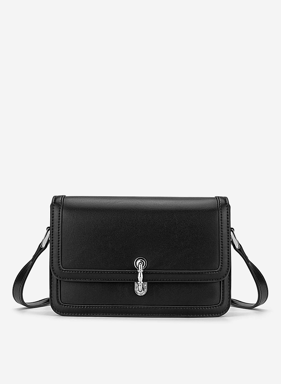 Vintage Lock Fold-Over Crossbody Bag - MES 0277 - Black - vascara.com