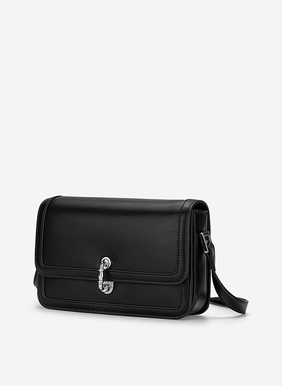 Vintage Lock Fold-Over Crossbody Bag - MES 0277 - Black - vascara.com