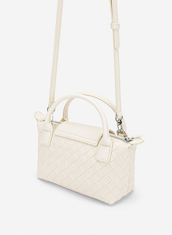 Woven Square-pattern Flap Shoulder Bag - TTE 0196 - Cream - VASCARA
