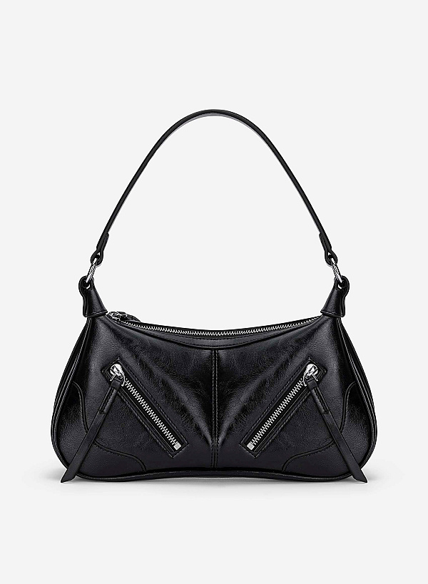 Zipper Décor Shoulder Bag - MES 0275 - Black