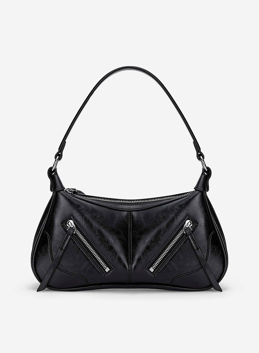 Zipper Décor Shoulder Bag - MES 0275 - Black - vascara.com