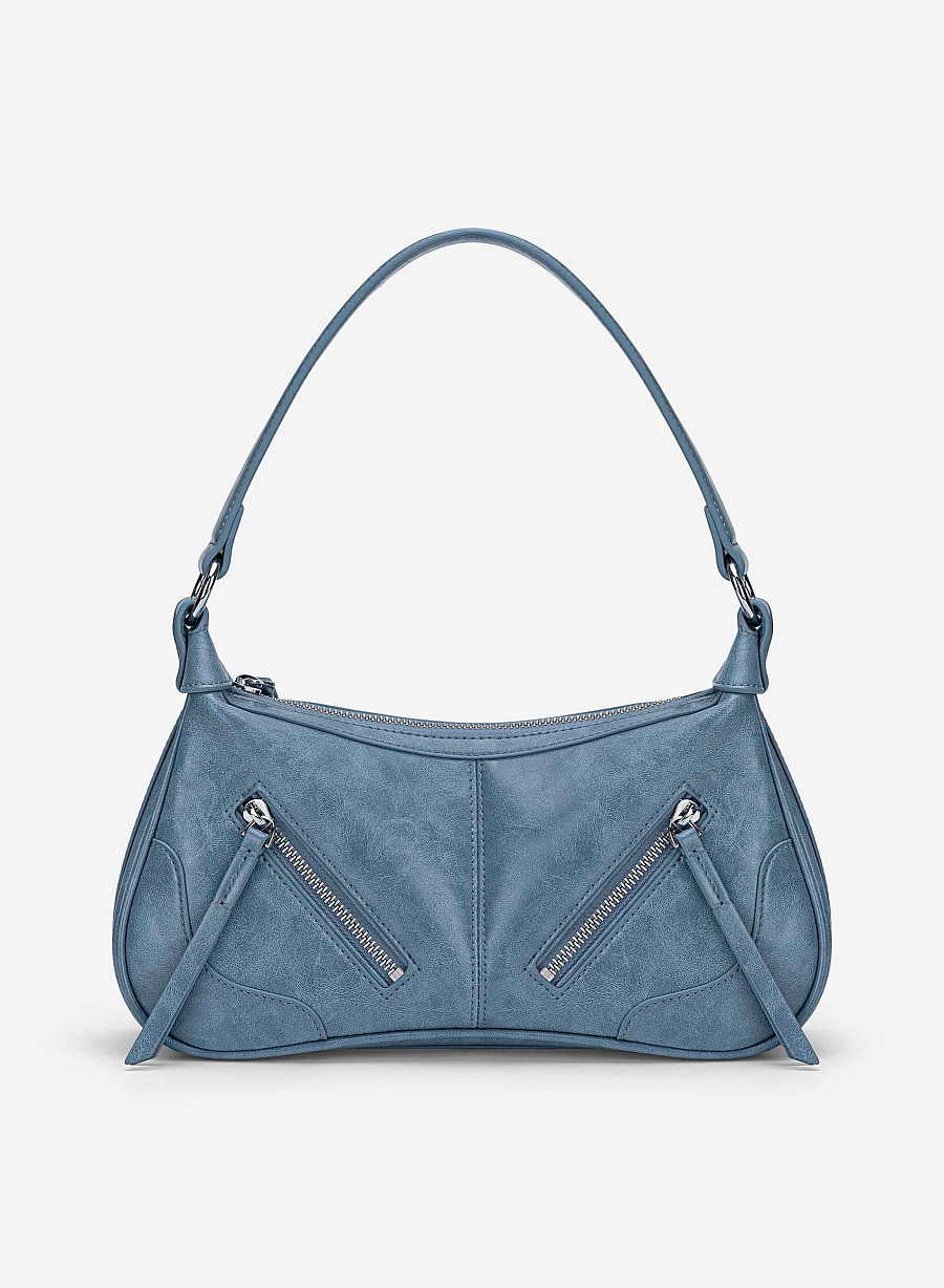 Zipper Décor Shoulder Bag - MES 0275 - Blue - vascara.com