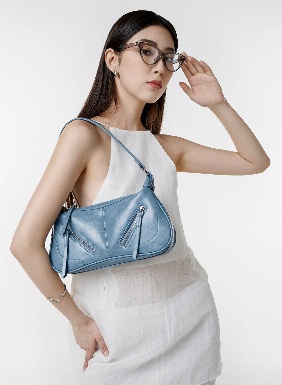 Zipper Décor Shoulder Bag - MES 0275 - Blue - vascara.com