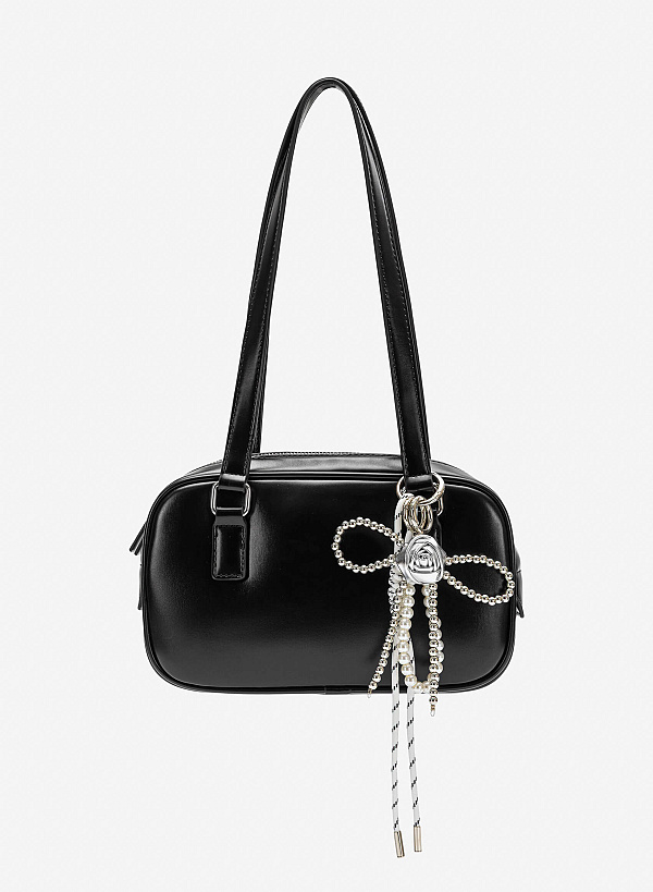 Charm dây nơ họa tiết hoa hồng bạc phối ngọc trai - CHM 0056 - Màu trắng bạc - VASCARA