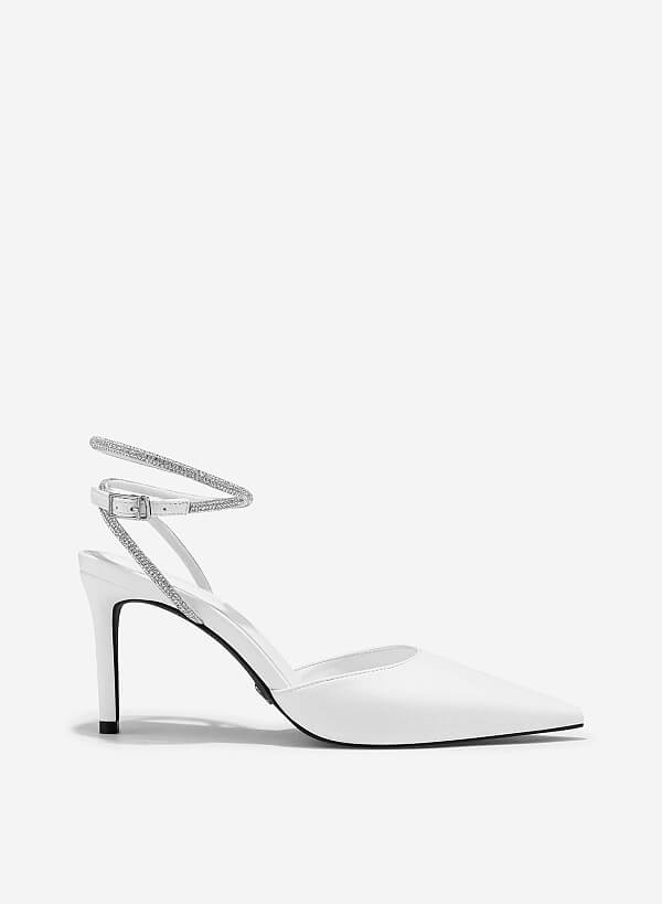 Point-Toe Sparkle Ankle Strap Pumps - HIG 0646 - White