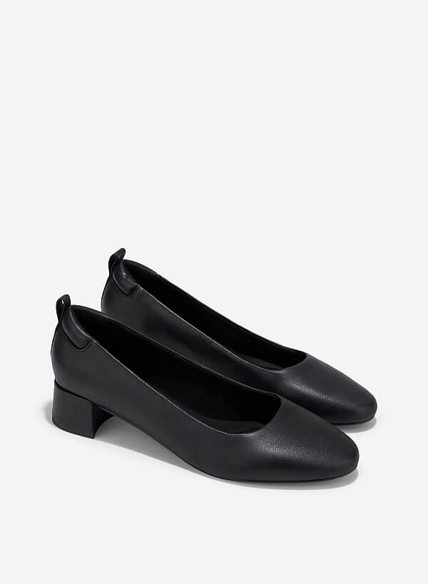 Round Toe Leather Block Heels - HIG 0667 - Black - VASCARA