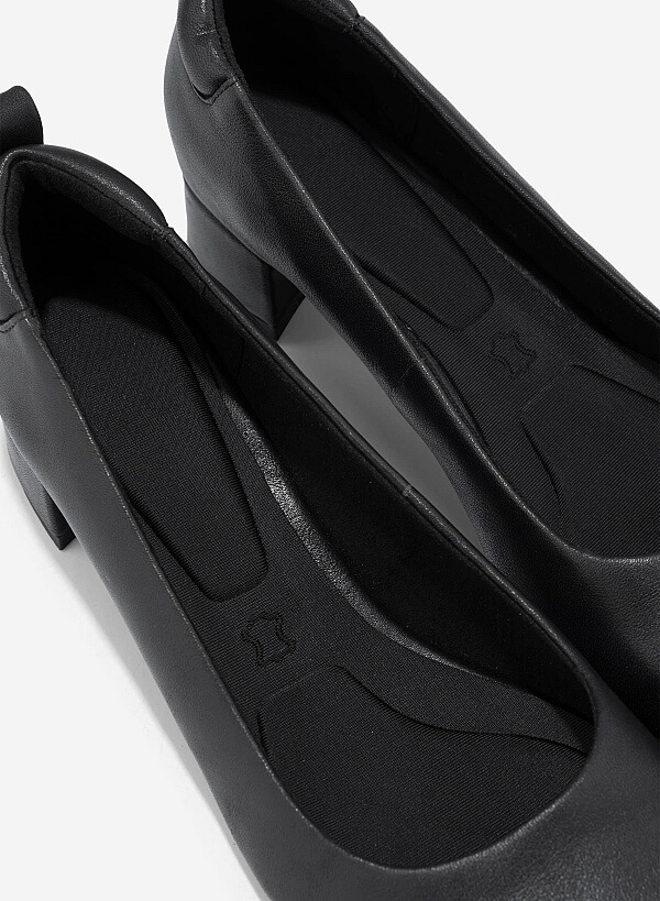 Round Toe Leather Block Heels - HIG 0667 - Black - VASCARA