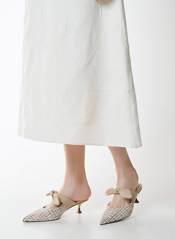 Tweed and Bow Strap Mules - MUL 0219 - Beige - VASCARA