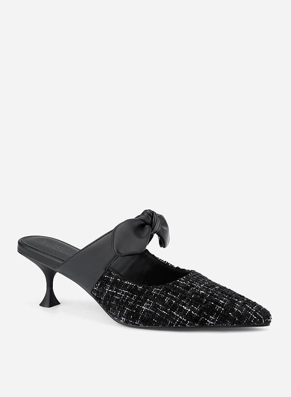 Tweed and Bow Strap Mules - MUL 0219 - Black - VASCARA