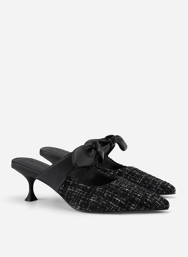 Tweed and Bow Strap Mules - MUL 0219 - Black - VASCARA