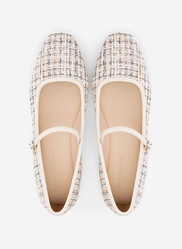 Giày mary janes ballerina phối vải tweed - GBB 0440 - Màu kem - VASCARA