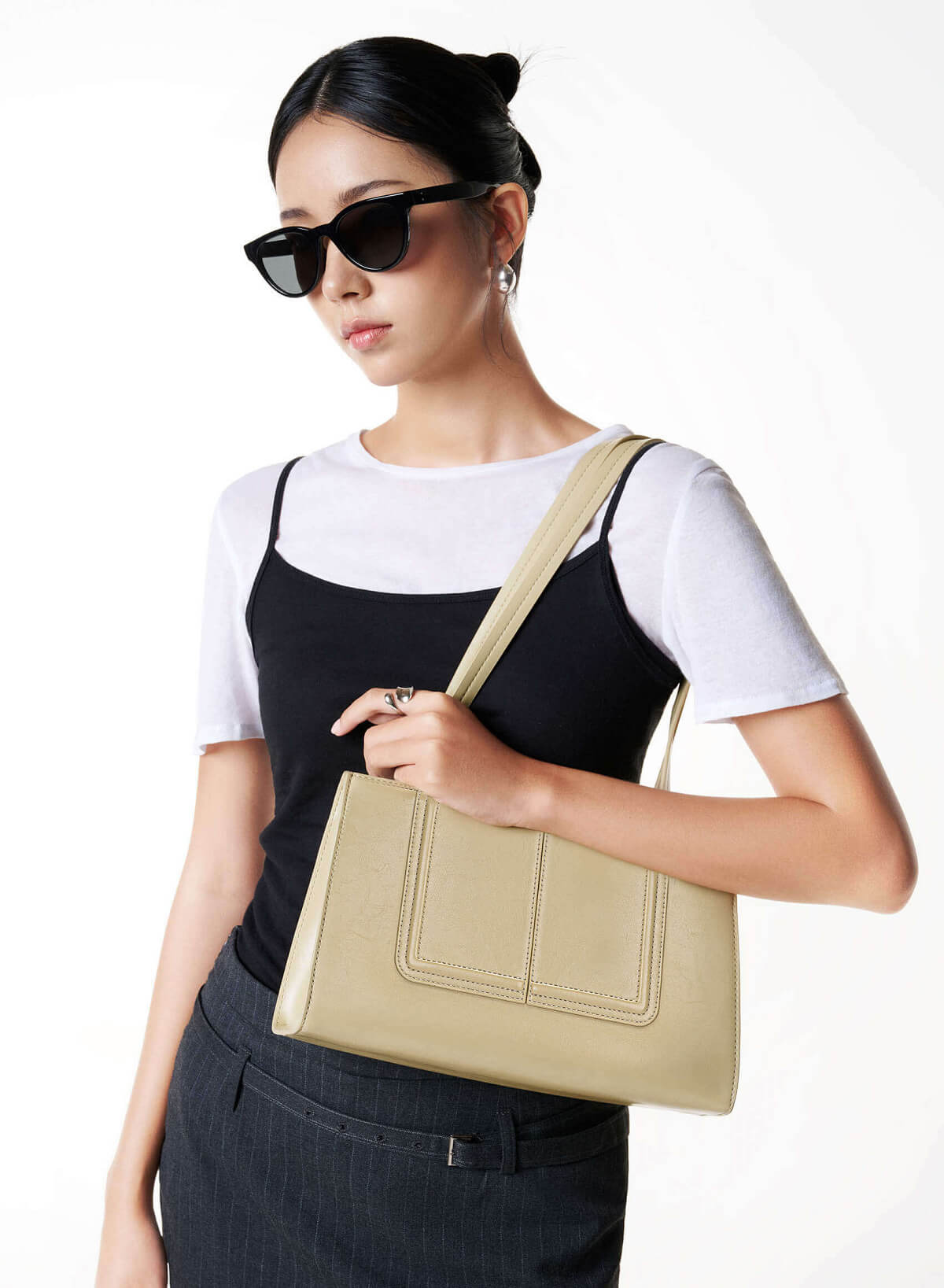 3D Line Decor Shoulder Bag - TTE 0198 - Beige - vascara.com