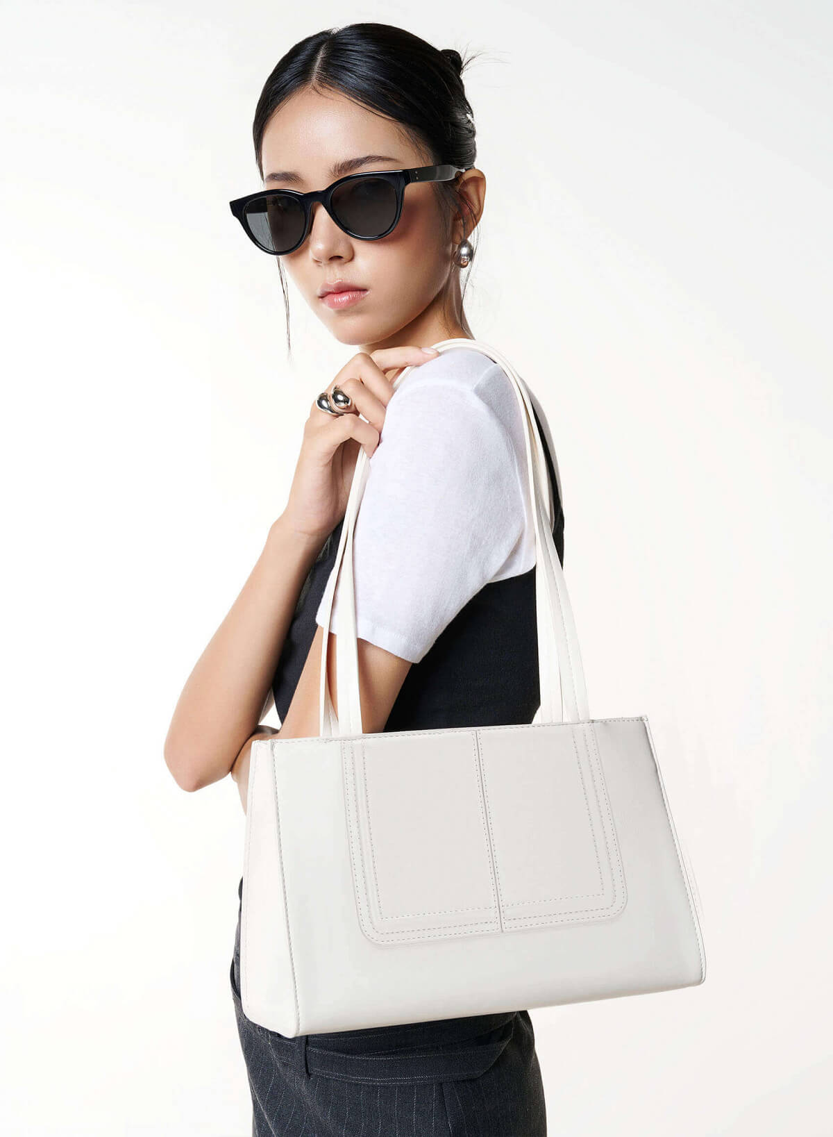 3D Line Decor Shoulder Bag - TTE 0198 - Cream - vascara.com