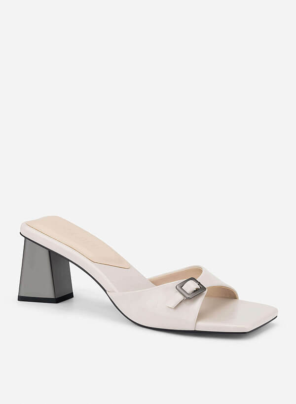 Buckle Block Heel Mules - MUL 0220 - Cream - VASCARA
