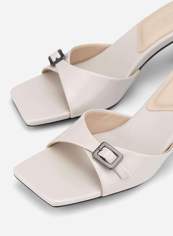 Buckle Block Heel Mules - MUL 0220 - Cream - VASCARA