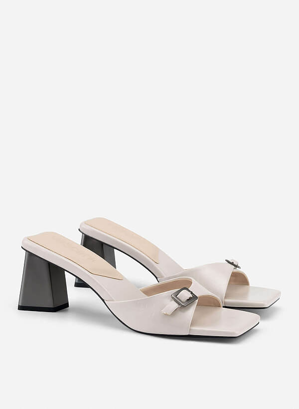 Buckle Block Heel Mules - MUL 0220 - Cream - VASCARA