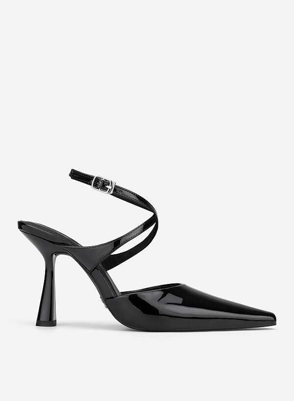 Ankle Cross Strap Pointed Spool Heels - HIG 0707 - Black