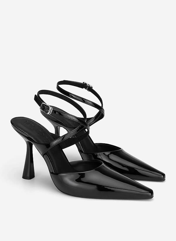 Ankle Cross Strap Pointed Spool Heels - HIG 0707 - Black - VASCARA