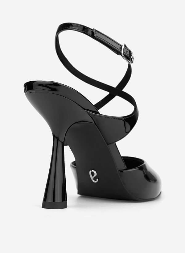 Ankle Cross Strap Pointed Spool Heels - HIG 0707 - Black - VASCARA