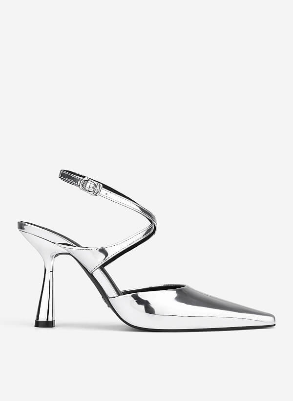 Ankle Cross Strap Pointed Spool Heels - HIG 0707 - Silver