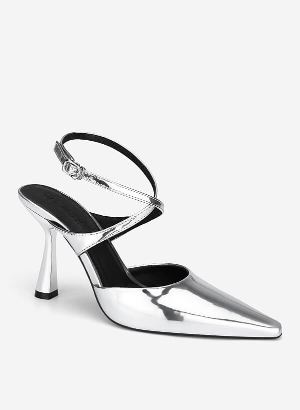 Ankle Cross Strap Pointed Spool Heels - HIG 0707 - Silver - VASCARA