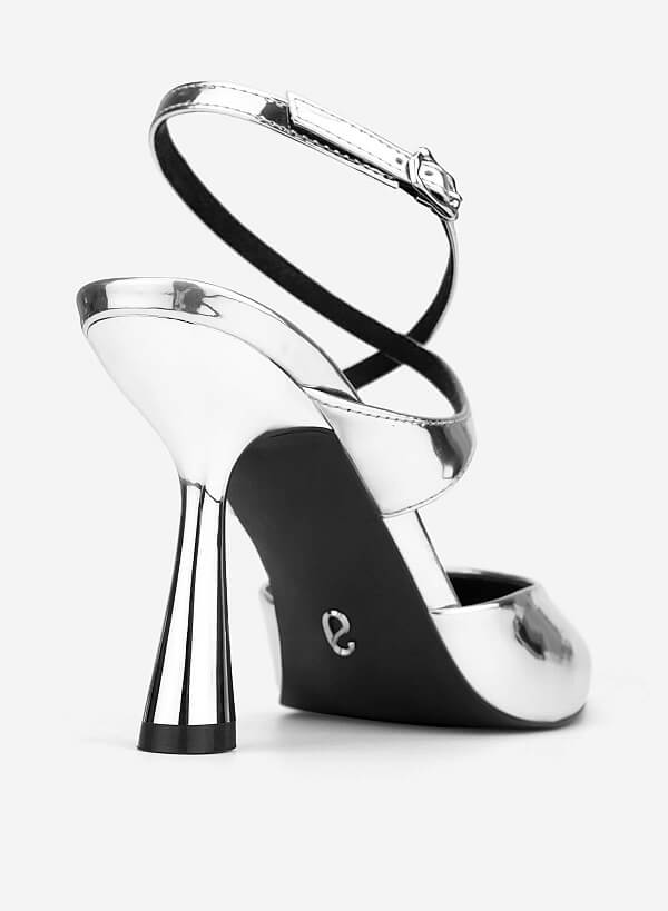 Ankle Cross Strap Pointed Spool Heels - HIG 0707 - Silver - VASCARA
