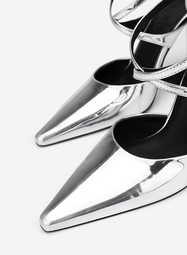 Ankle Cross Strap Pointed Spool Heels - HIG 0707 - Silver - VASCARA