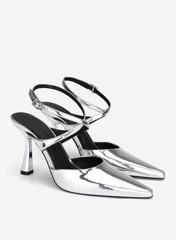 Ankle Cross Strap Pointed Spool Heels - HIG 0707 - Silver - VASCARA