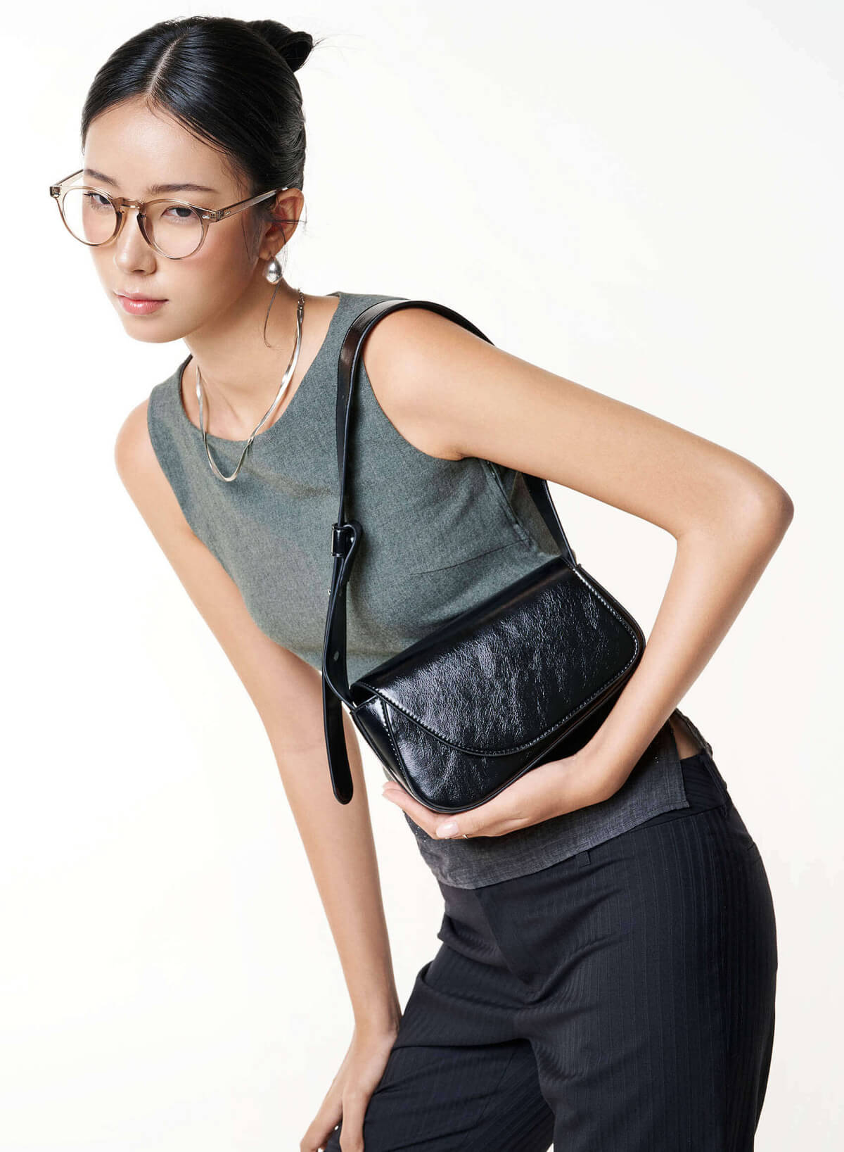 Asymmetric Fold-Over Shoulder Bag - MES 0281 - Black - vascara.com