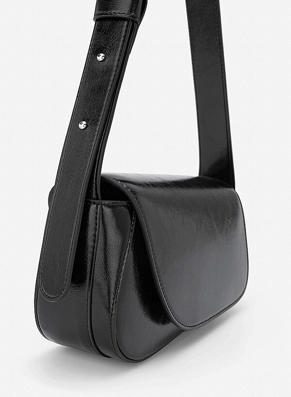 Asymmetric Fold-Over Shoulder Bag - MES 0281 - Black - VASCARA