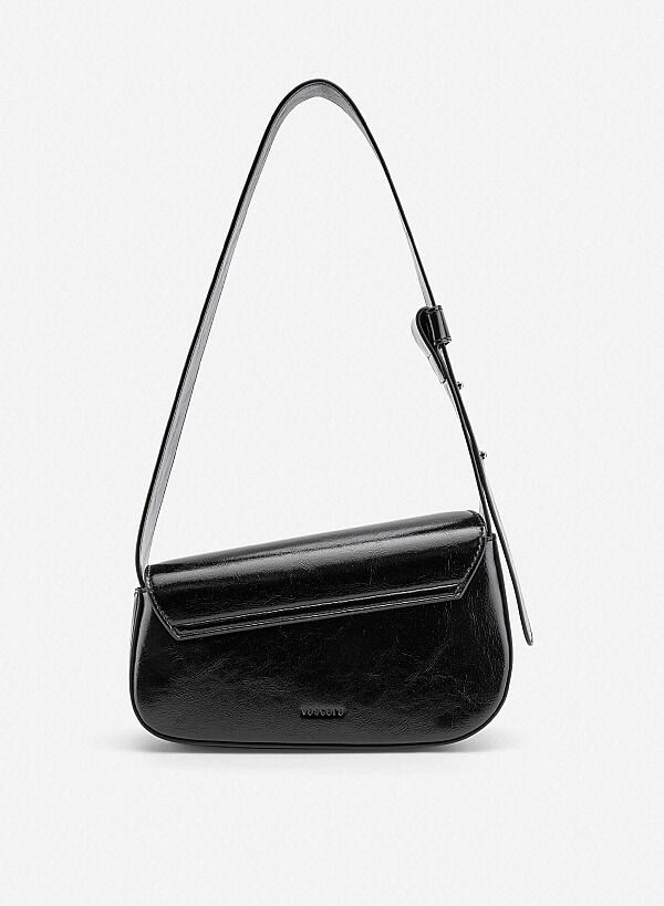 Asymmetric Fold-Over Shoulder Bag - MES 0281 - Black - VASCARA