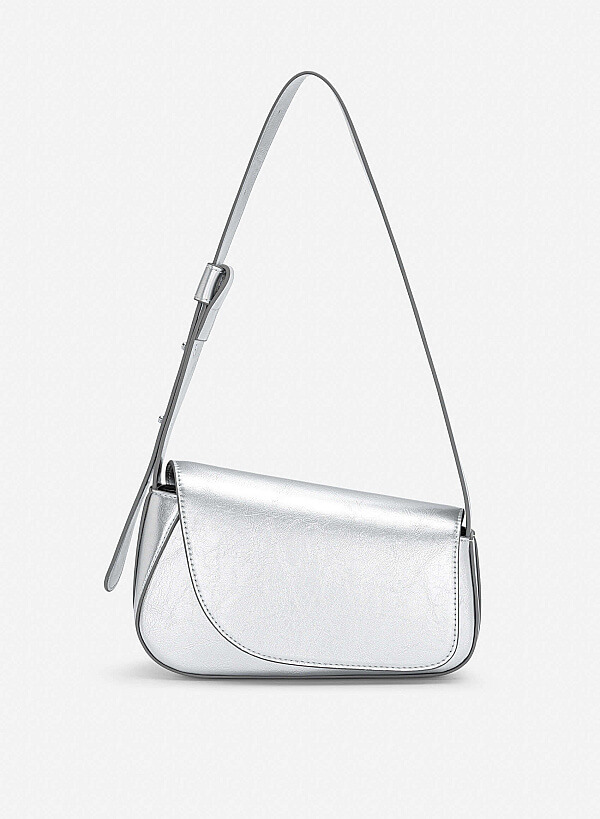 Asymmetric Fold-Over Shoulder Bag - MES 0281 - Silver