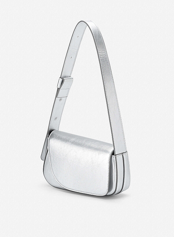 Asymmetric Fold-Over Shoulder Bag - MES 0281 - Silver - VASCARA