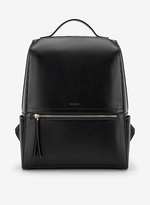 Basic Front Zipper Pocket Backpack - BAK 0213 - Black