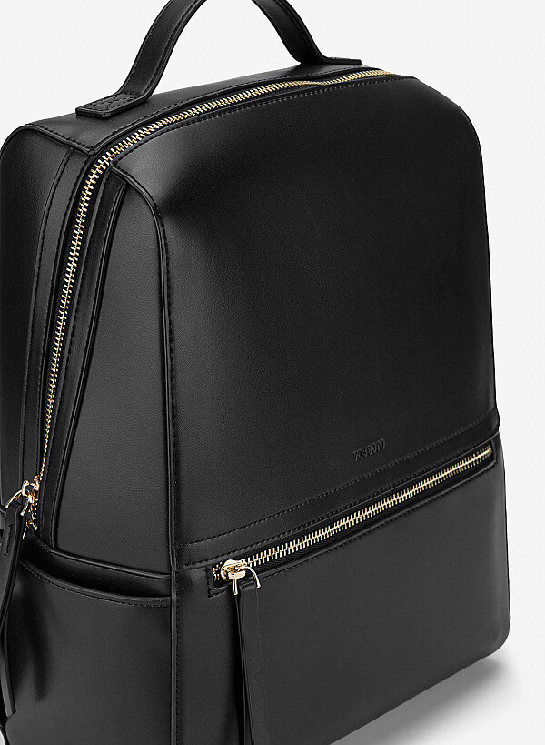 Basic Front Zipper Pocket Backpack - BAK 0213 - Black - VASCARA