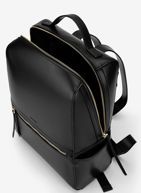 Basic Front Zipper Pocket Backpack - BAK 0213 - Black - VASCARA