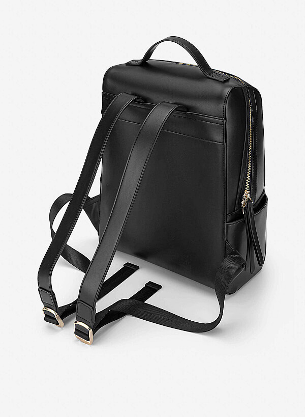 Basic Front Zipper Pocket Backpack - BAK 0213 - Black - VASCARA
