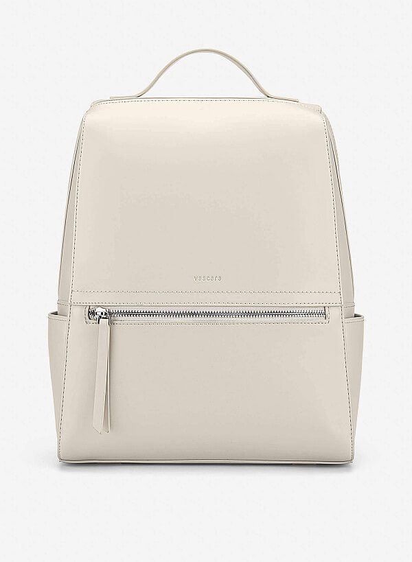 Basic Front Zipper Pocket Backpack - BAK 0213 - Cream