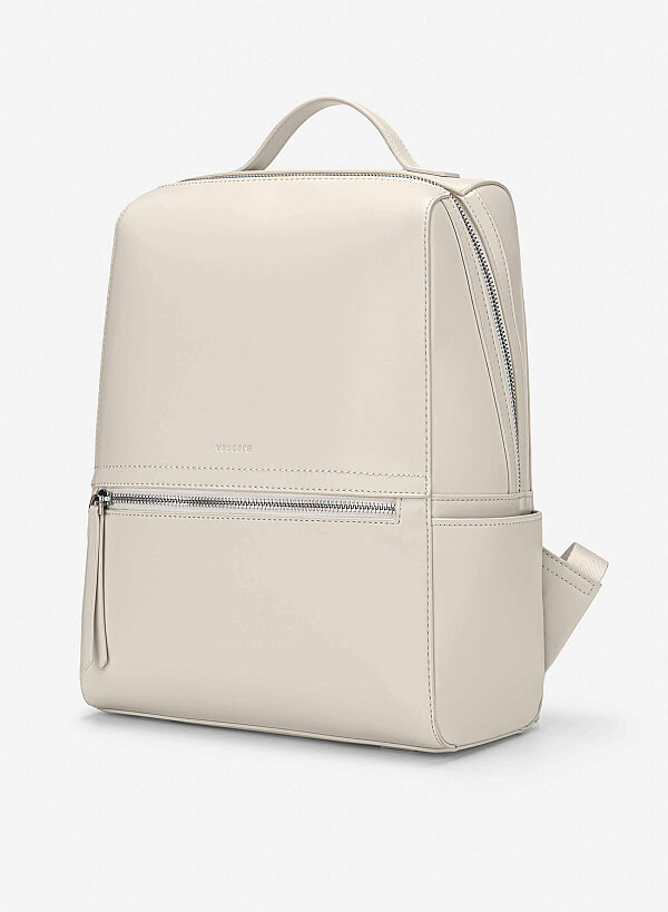 Basic Front Zipper Pocket Backpack - BAK 0213 - Cream - VASCARA