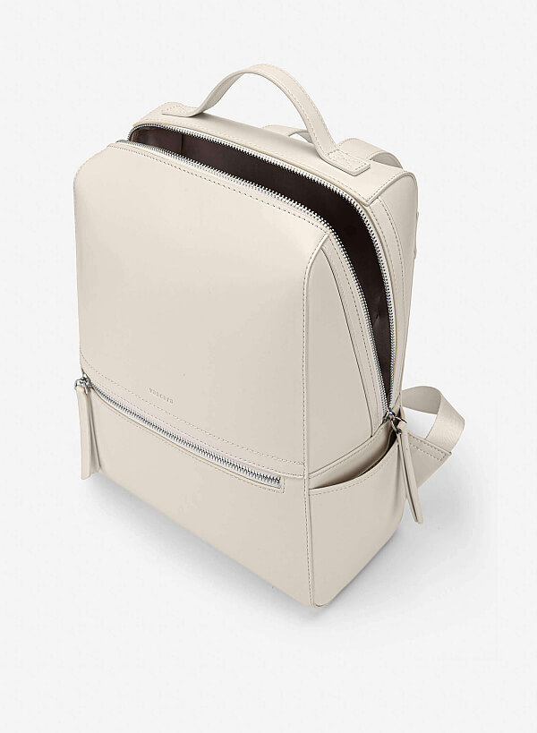 Basic Front Zipper Pocket Backpack - BAK 0213 - Cream - VASCARA