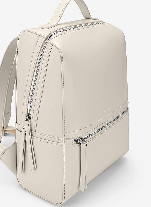 Basic Front Zipper Pocket Backpack - BAK 0213 - Cream - VASCARA