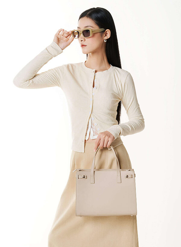 Basic Trapezoid-Shaped Handbag - TTE 0194 - Cream - VASCARA