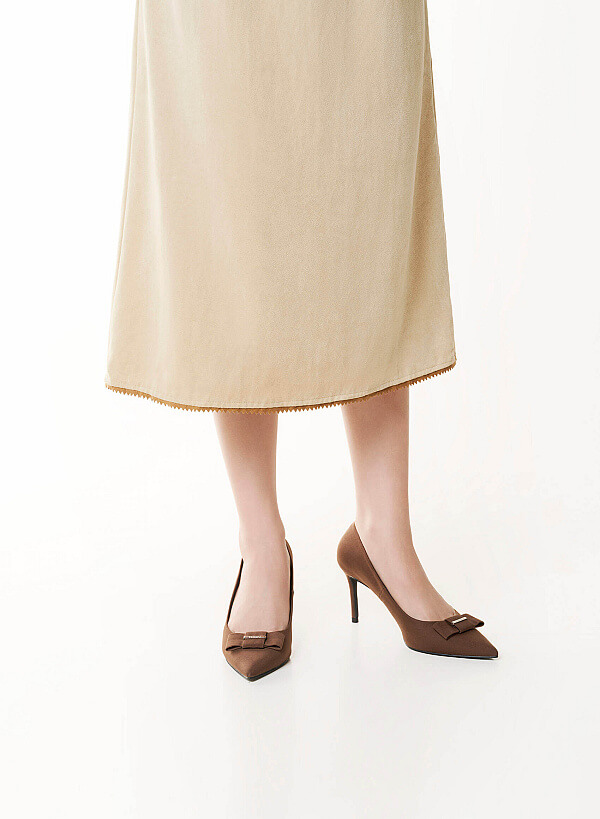 Bow Tie Décor Pointed Toe Pumps - HIG 0728 - Dark Brown - VASCARA