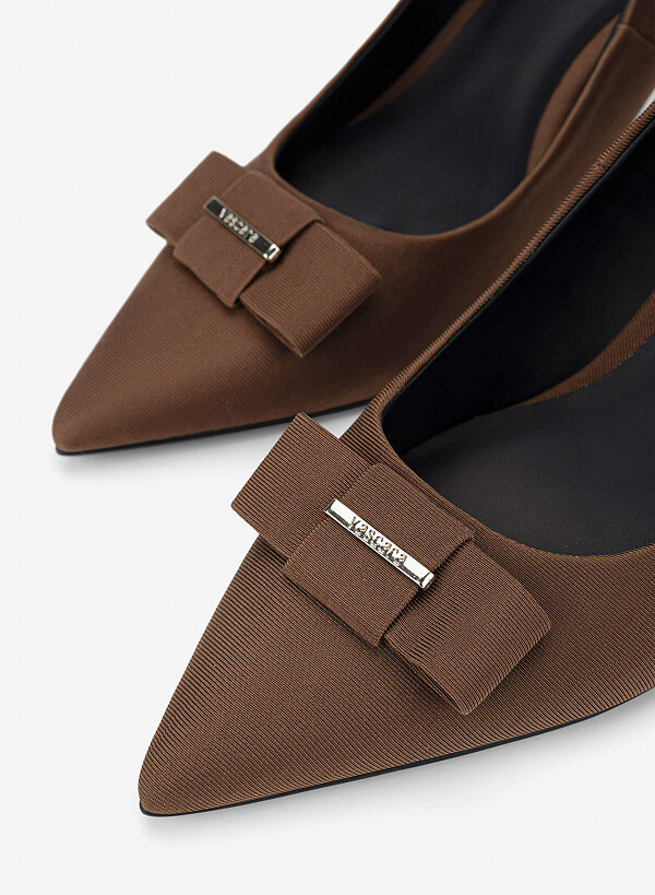 Bow Tie Décor Pointed Toe Pumps - HIG 0728 - Dark Brown - VASCARA