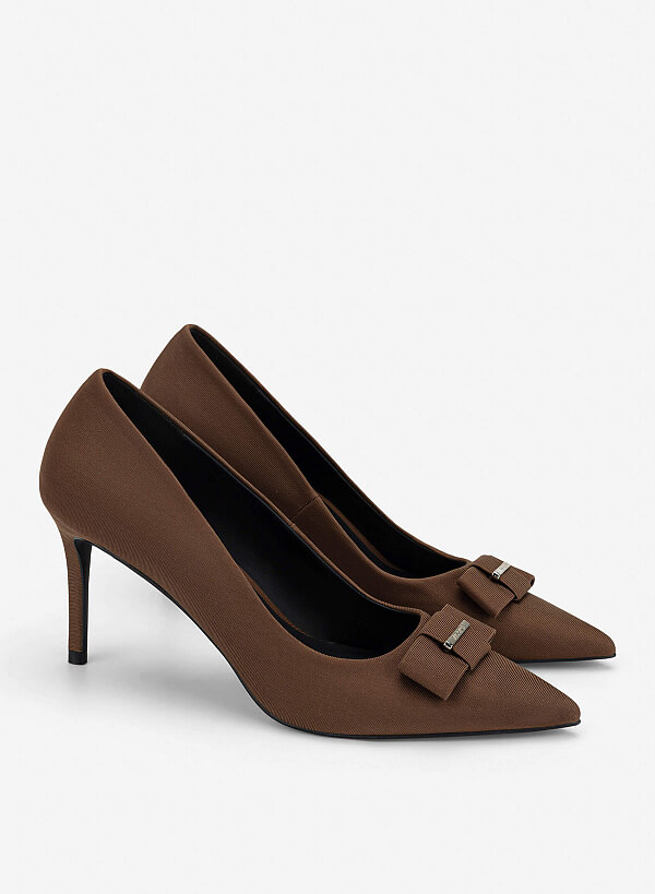 Bow Tie Décor Pointed Toe Pumps - HIG 0728 - Dark Brown - VASCARA