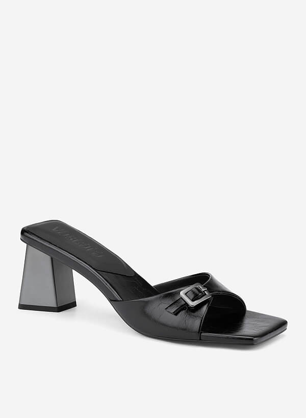 Buckle Block Heel Mules - MUL 0220 - Black - VASCARA