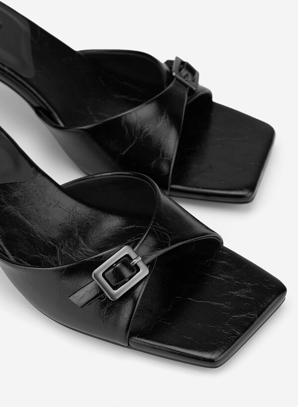 Buckle Block Heel Mules - MUL 0220 - Black - VASCARA