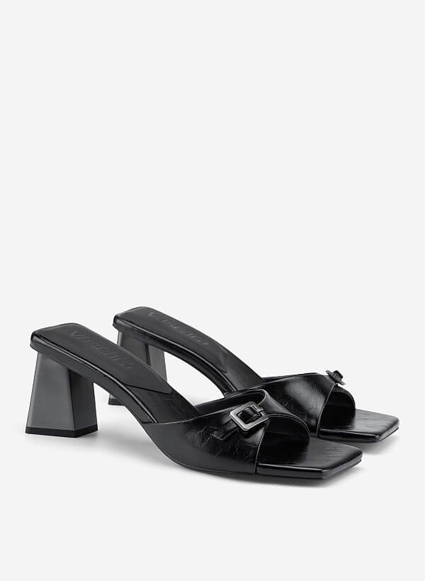 Buckle Block Heel Mules - MUL 0220 - Black - VASCARA