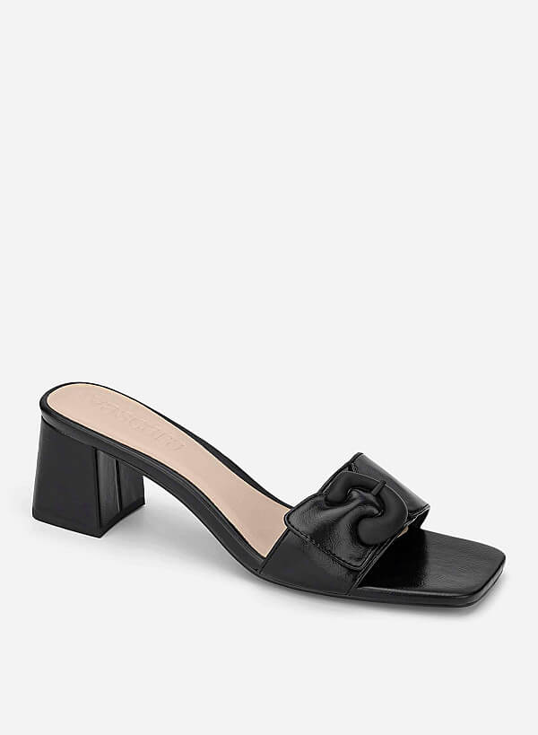 Buckle Detail Block Heel Mules - MUL 0223 - Black - VASCARA